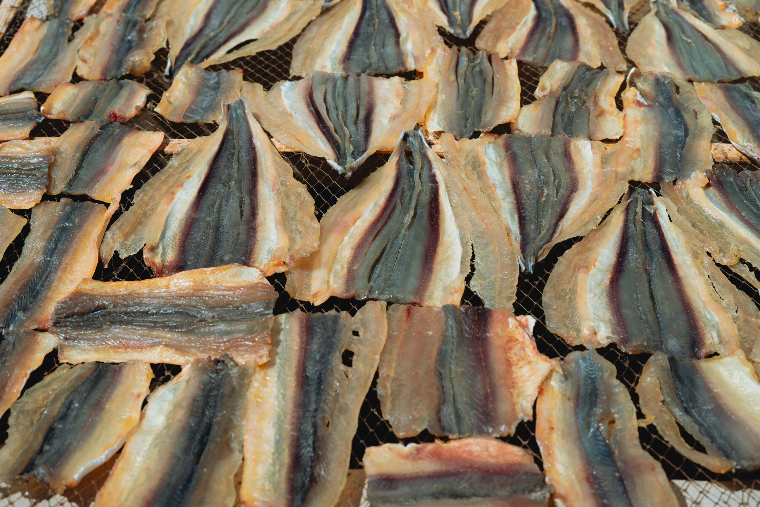 Close-up of dried fish on a rack, capturing traditional Vietnamese fish processing.